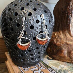 Modernist Amber & Sterling Silver Statement Earrings Abstract Crescent Design